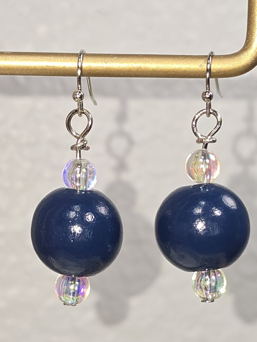 Handmade Navy Blue Wood Bead Drop Earrings